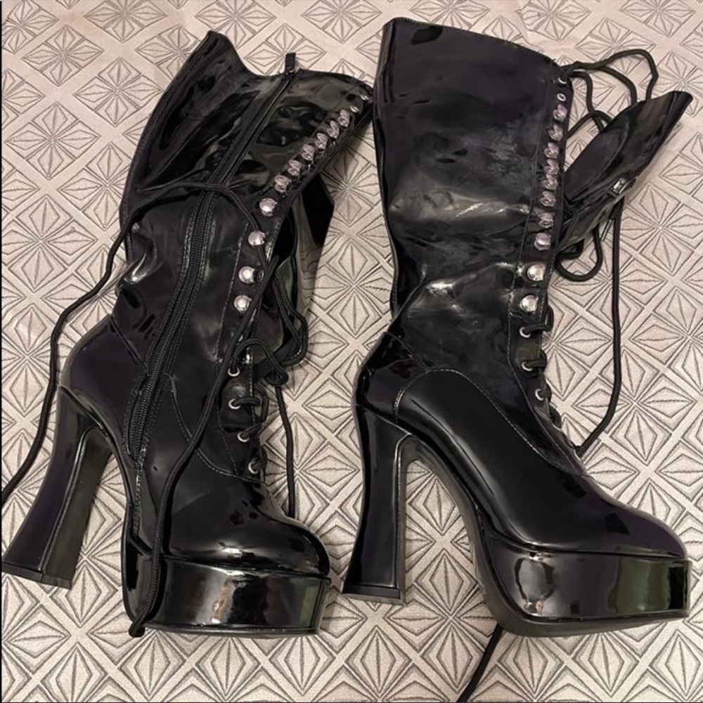 Platform Lace Up Patent High Heel Boots